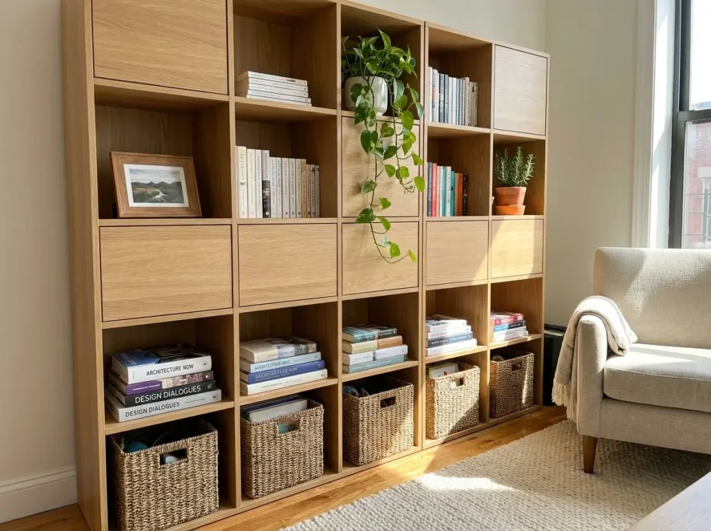 A well-organized, light wood modular shelving unit styled with heavy woven baskets on the bottom and vibrant indoor plants on top, demonstrating how adaptable small apartment storage furniture can safely maximize vertical wall space.