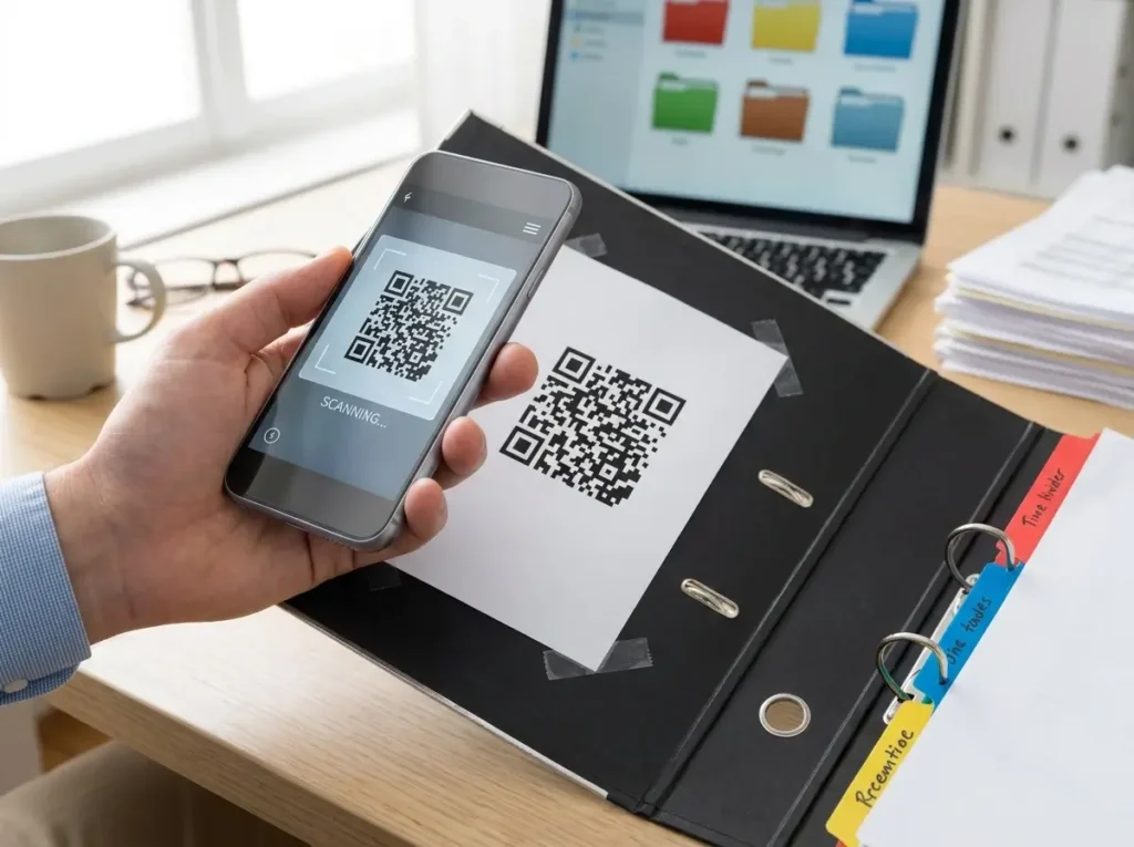 A close-up view of a smartphone scanning a QR code taped inside a physical relocation planner, demonstrating modern, digital PCS binder organization ideas for quick cloud backup access.