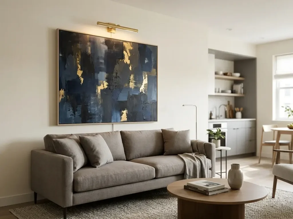A polished, open-concept living area demonstrating essential small loft space ideas by using a massive piece of abstract art and targeted lighting as a strong visual focal point to anchor the layout.