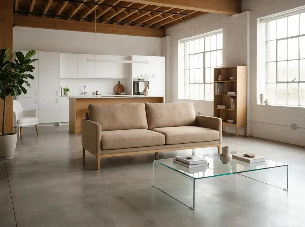 A bright, open-concept apartment demonstrating smart small loft space ideas by utilizing a floating apartment-sized sofa and a glass coffee table to create distinct living zones without blocking light.