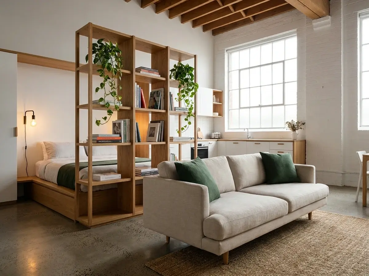 A beautifully organized open-concept apartment demonstrating clever small loft space ideas, featuring distinct living zones separated by an open bookshelf, floating furniture, and bright natural light.