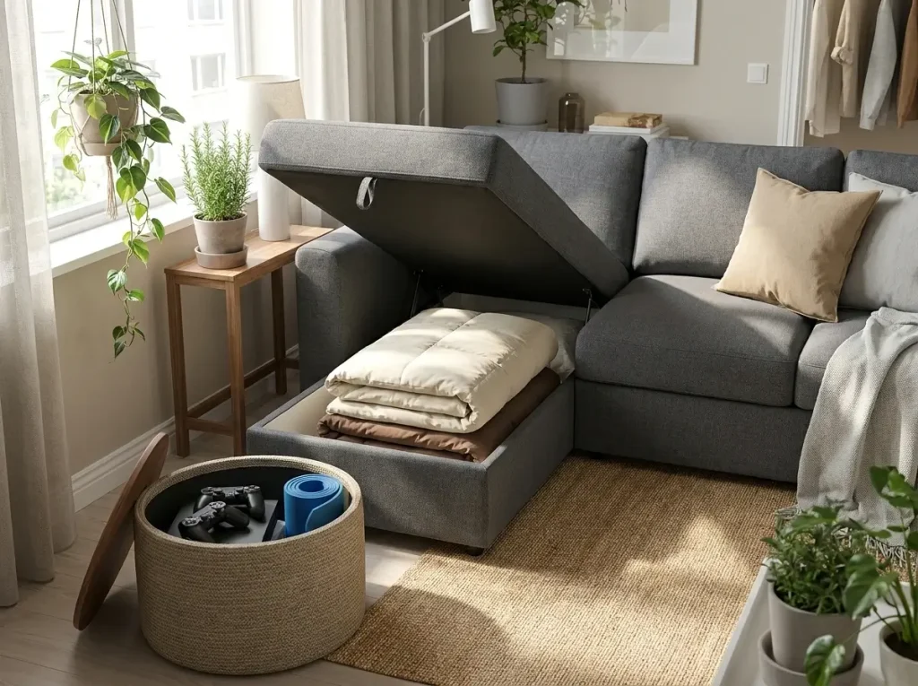 A thoughtfully organized living room featuring a lift-top sofa and a hollow ottoman with open compartments, demonstrating how properly scaled small apartment storage furniture hides clutter while maintaining clear walkways.