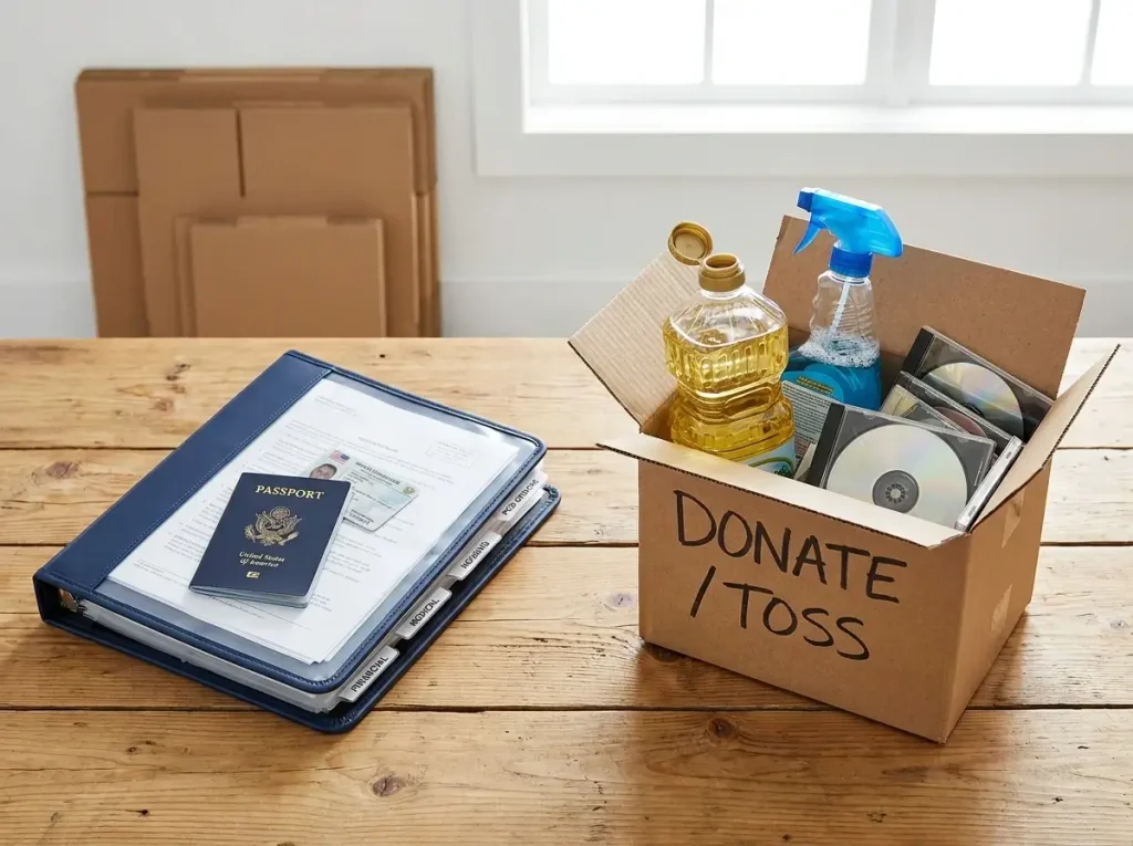 A wooden table showing a secure binder for vital documents next to a discard box of opened liquids and heavy media, illustrating smart PCS packing tips on a budget.