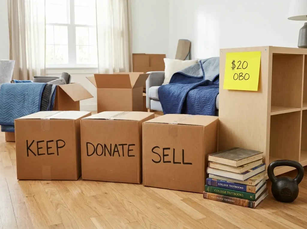Three moving boxes labeled keep, donate, and sell next to heavy books and a kettlebell, demonstrating essential PCS Packing Tips on a Budget to avoid overweight fees.