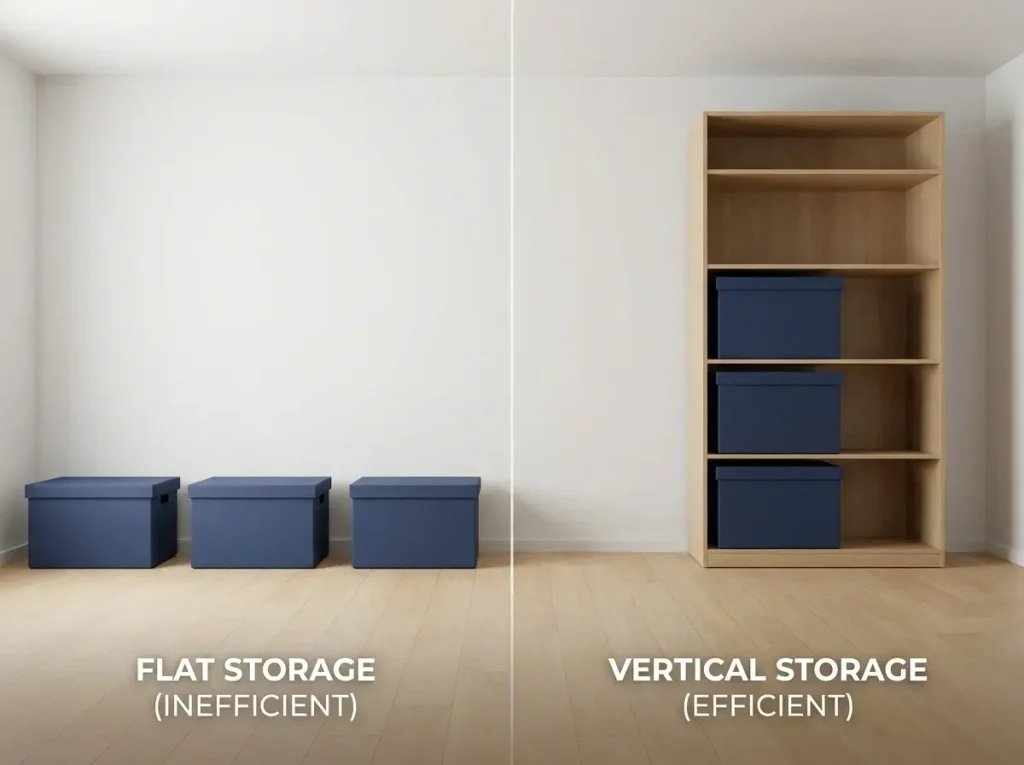 A 3D comparative diagram showing three boxes cluttering the floor versus being neatly stacked on a tall shelf, demonstrating vertical Small Apartment Storage Ideas.