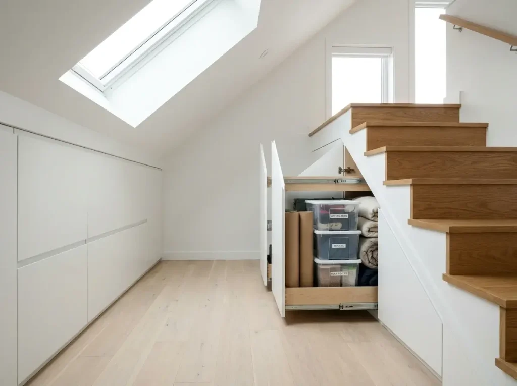 A highly organized interior of a small loft type house featuring custom built-in dresser drawers under a slanted roof and deep pull-out storage drawers integrated into the staircase void.