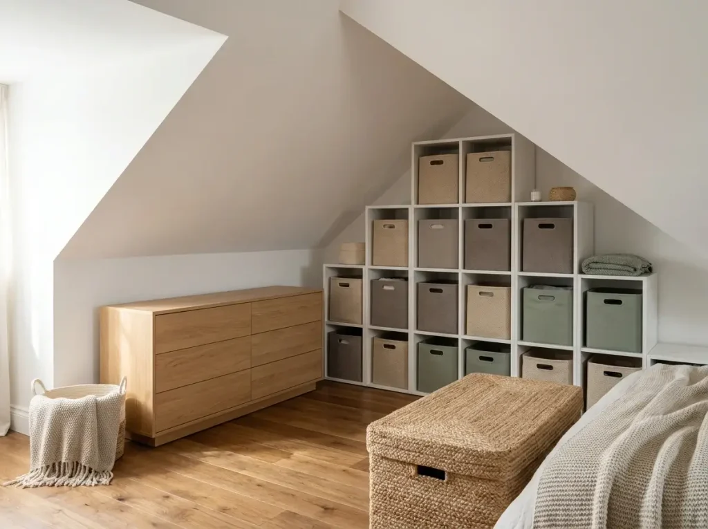 A brilliantly organized space utilizing stair-stepped modular cubes and a low horizontal dresser tucked perfectly under the angled walls of a small attic bedroom sloping ceilings.