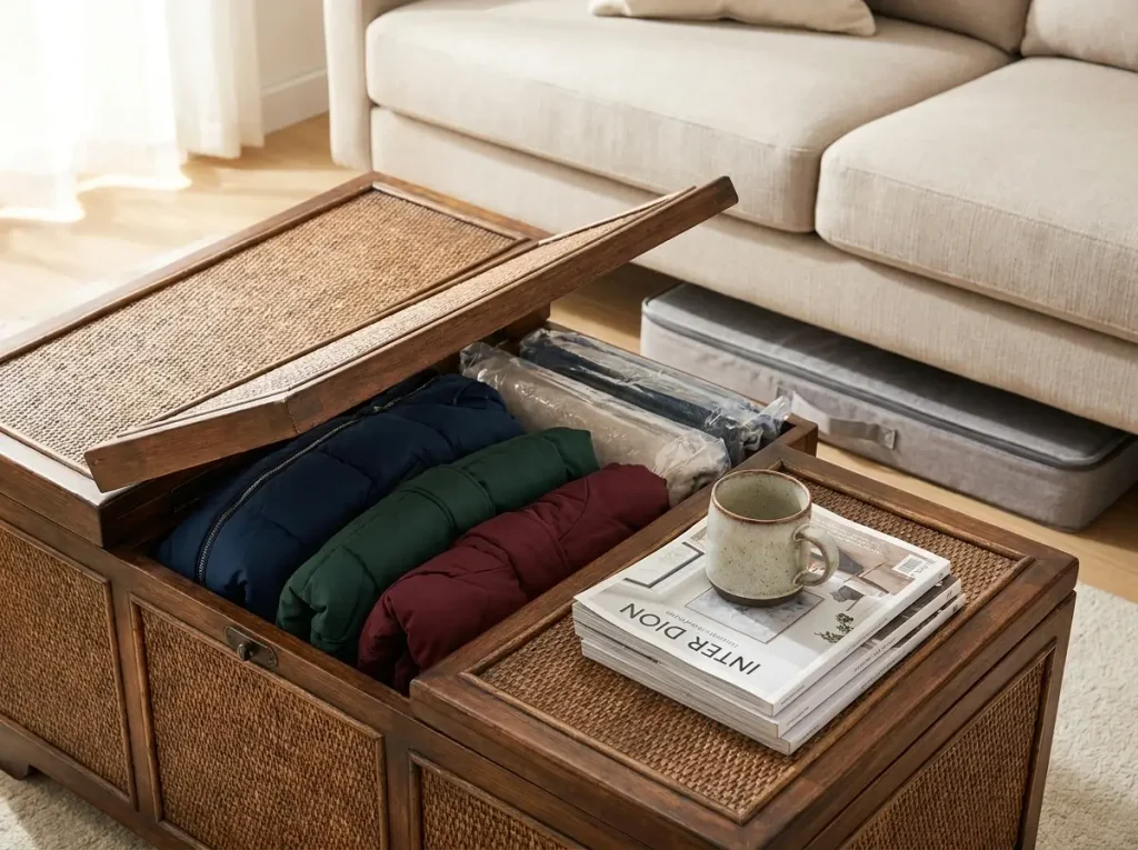 A vintage trunk used as a coffee table reveals hidden winter coats inside, demonstrating clever small apartment storage ideas for seasonal gear.