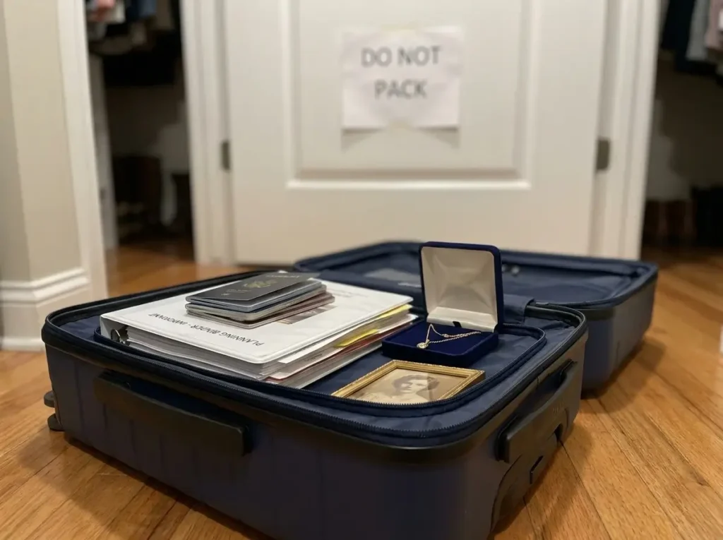 An open suitcase in a closet organizing passports, jewelry, and heirlooms, highlighting essential first pcs move tips for protecting valuables.