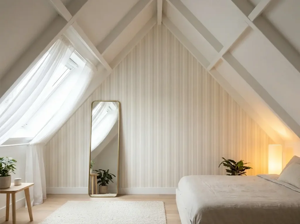 A bright and airy space demonstrating visual tricks for small attic bedroom sloping ceilings, featuring vertical striped wallpaper, a tall leaning floor mirror, sheer curtains, and corner uplighting to make the room feel taller.