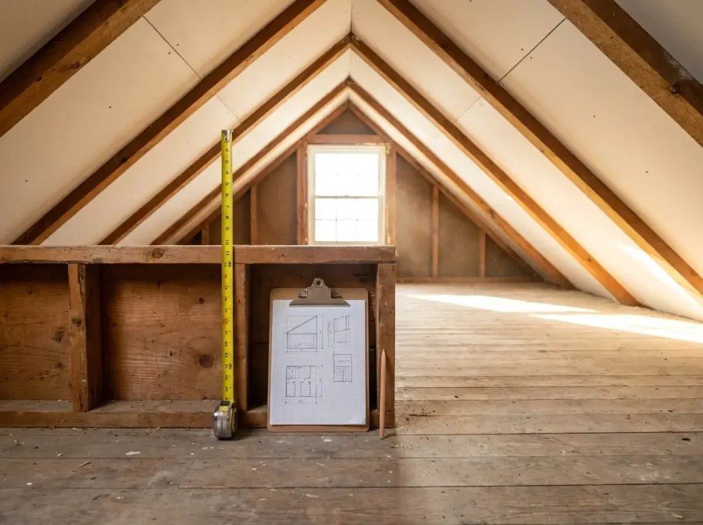 A tape measure extended against a short knee-wall in an unfinished attic space, representing the first step in planning functional small loft ideas.