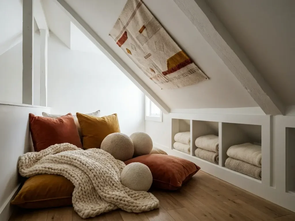 A cozy attic space showcasing brilliant small upstairs loft decorating ideas by using velvet floor pillows, chunky knit blankets, built-in knee wall cubbies, and a tapestry pinned flat against a slanted ceiling to soften the room's rigid angles.