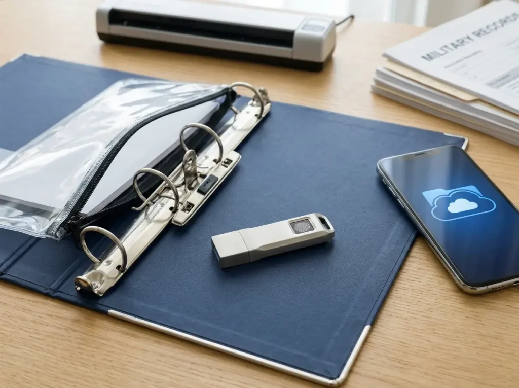 A close-up view of an encrypted USB flash drive and a smartphone resting on an open pcs move planning binder, illustrating the process of creating a secure digital twin for military move paperwork.