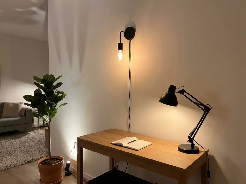 A cozy apartment corner featuring a plug-in wall sconce and strategically layered illumination, showcasing brilliant small loft space ideas that make a tiny floor plan feel bright and expansive.
