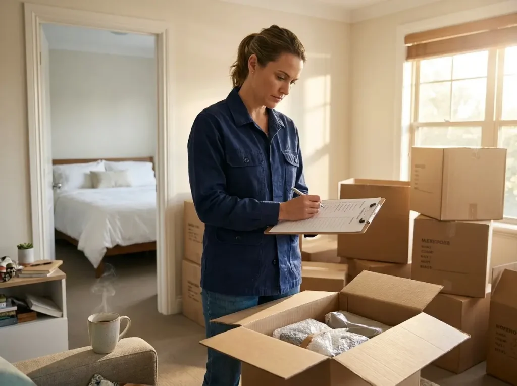 A focused woman holding an inventory clipboard next to a freshly made bed and moving boxes, highlighting essential PCS Move Organization Tips for delivery day.