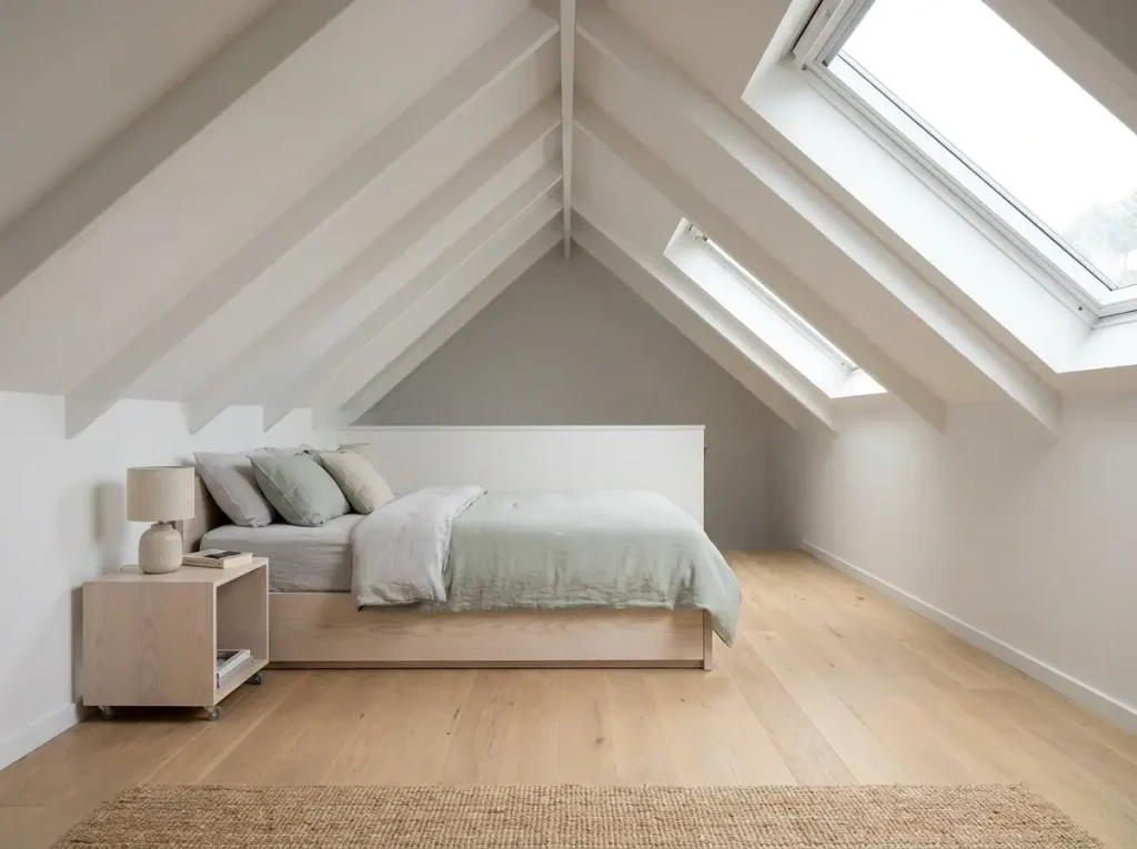 A low platform bed pushed neatly against a knee wall to keep the center of the room clear, demonstrating brilliant small upstairs loft decorating ideas for awkward spaces.