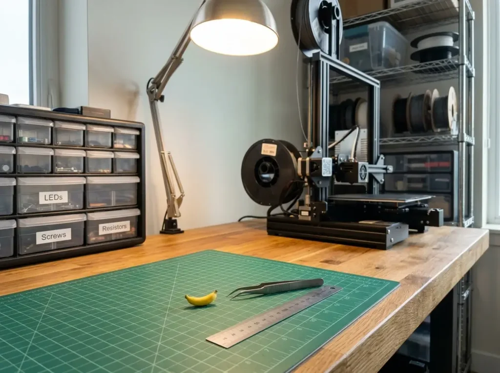 A sturdy desk and stackable small-parts drawers demonstrating diy small craft room ideas for dry hobbies.