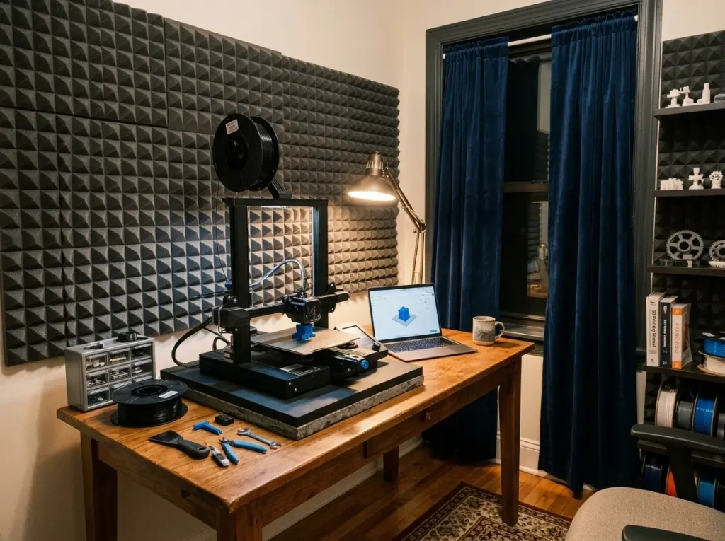 A 3D printer rests on a vibration isolation pad next to acoustic foam panels in a small hobby room.
