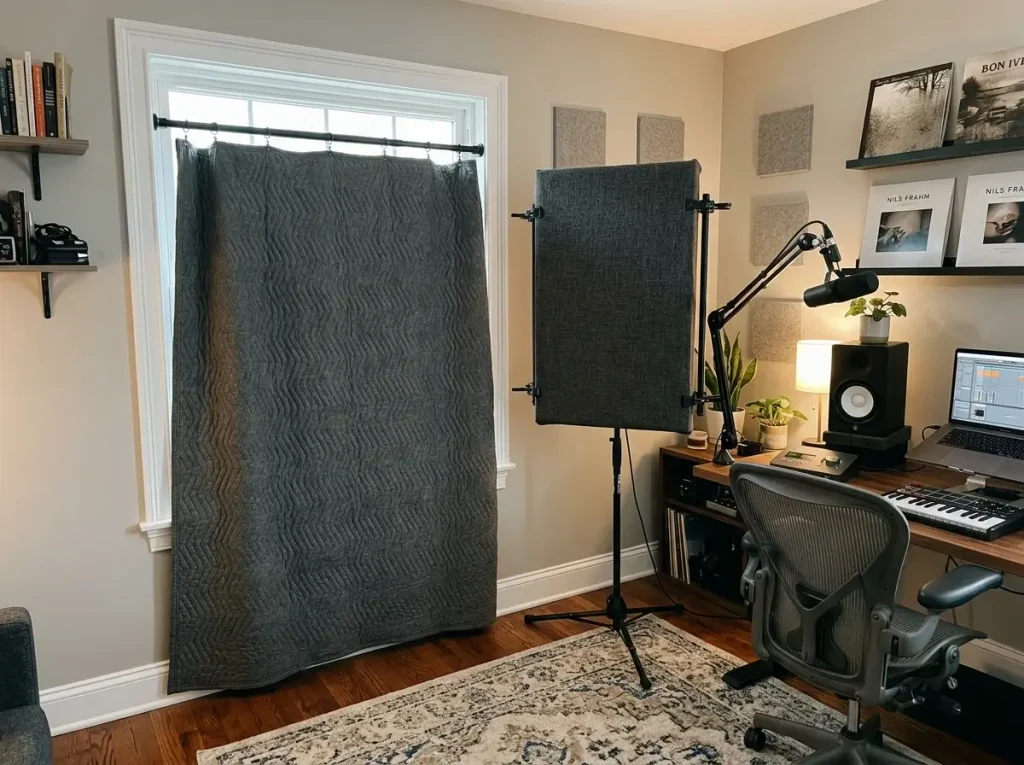 Freestanding acoustic panels and thick area rugs utilized as renter-friendly small bedroom music studio ideas.