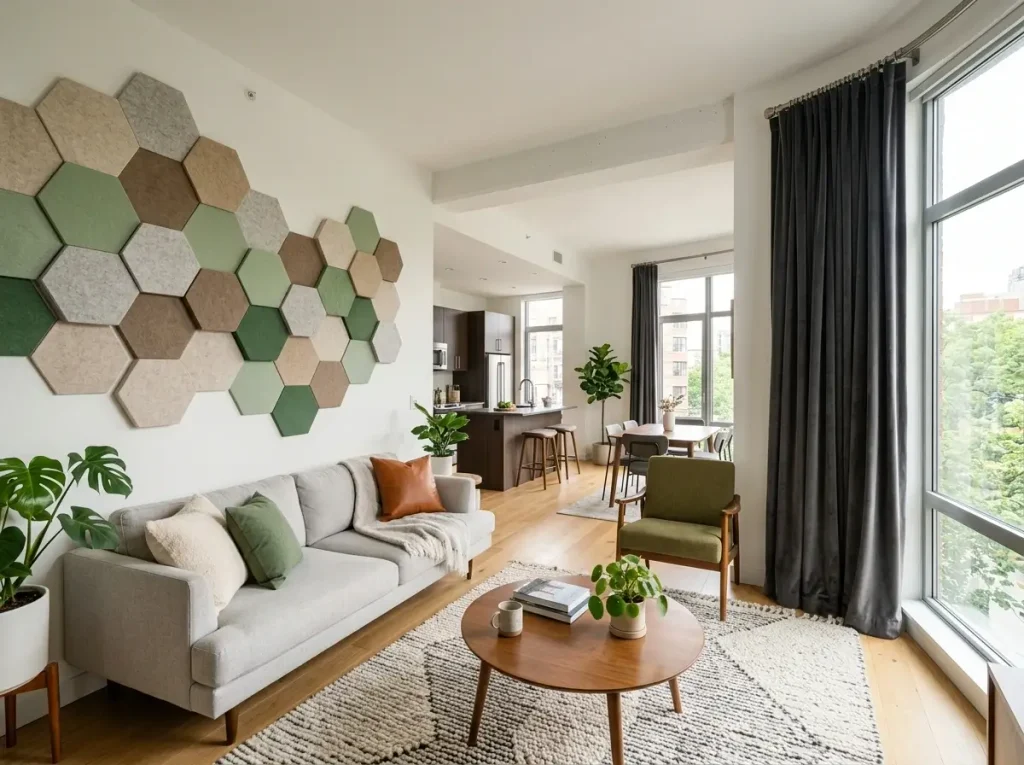 An open-concept apartment showcasing open flex room ideas with drill-free acoustic wall panels and heavy sound-dampening curtains.