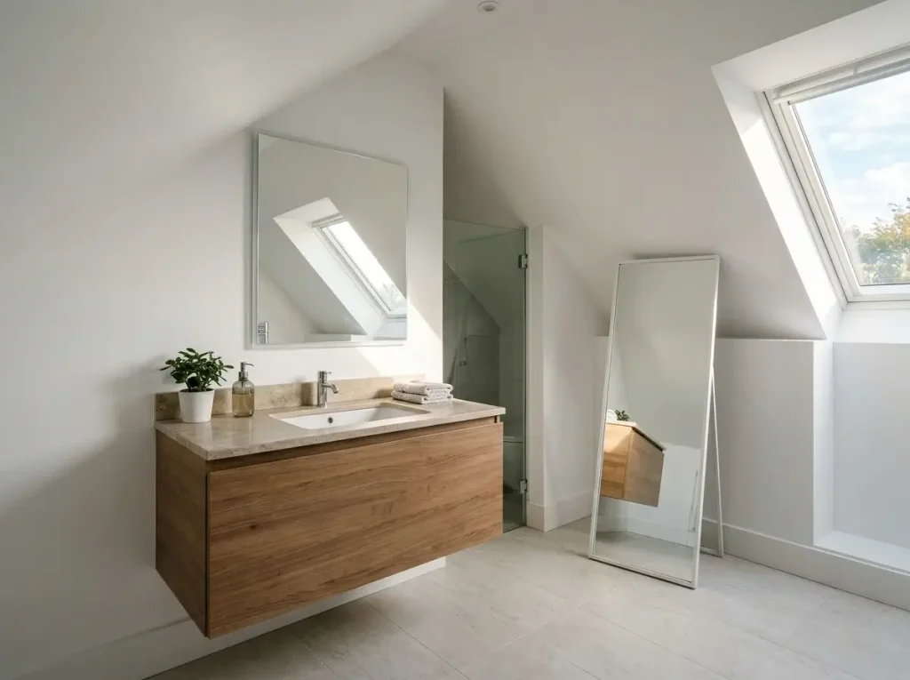 A bright space utilizing small attic bathroom ideas with a lightweight acrylic mirror on a slanted ceiling and a tall floor mirror against a knee wall to expand the room.