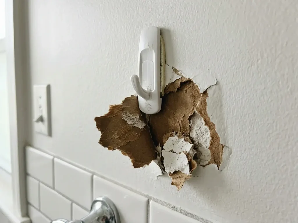 A close-up showing a cheap adhesive hook tearing paint off drywall, a common hazard when choosing the wrong drill-free bathroom storage.