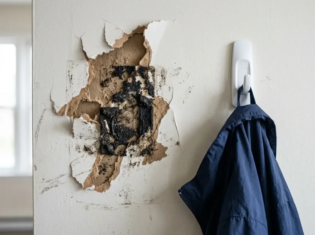 A ruined apartment wall caused by bad DIY tape hacks compared to a safe and proper drill-free storage installation.