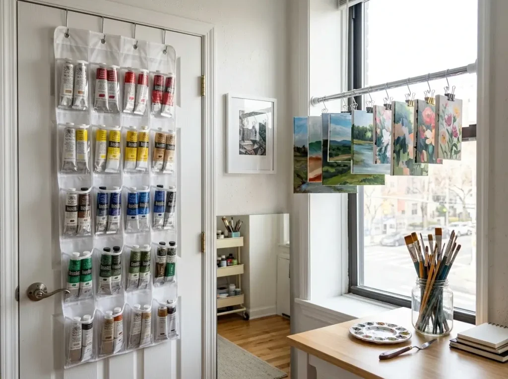An over-the-door organizer and tension rod shelving maximizing space in a small apartment art studio.