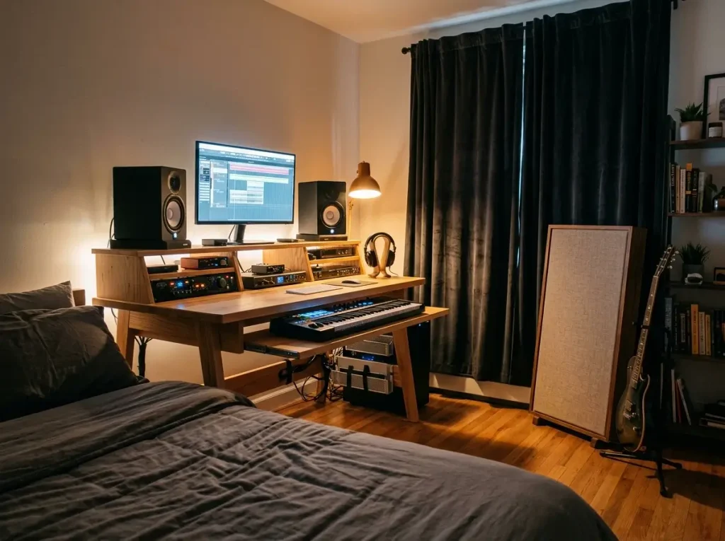 A tiered studio desk and acoustic panels showcasing diy small craft room ideas for a bedroom music studio.