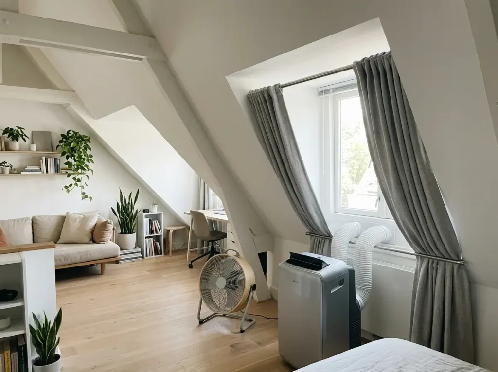 A dormer window setup showcasing clever small attic apartment ideas for renter-friendly cooling and airflow.