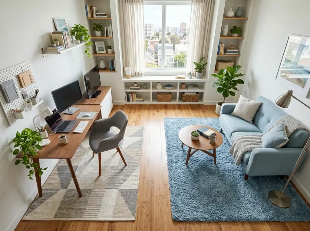 Two distinct area rugs separating a living area from a workspace, illustrating renter-friendly multipurpose room ideas.