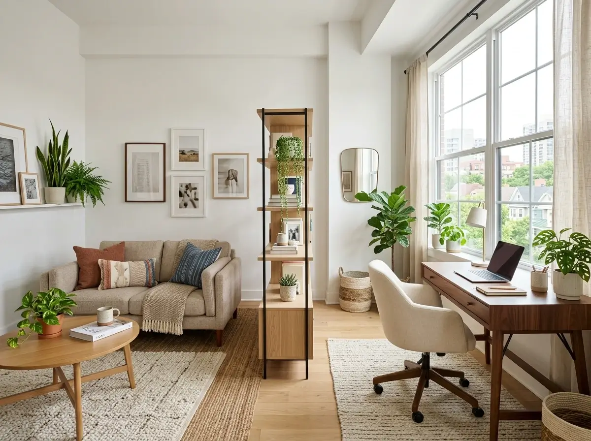 A small apartment living space utilizing clever multipurpose room ideas with a bookshelf dividing a home office and seating area.