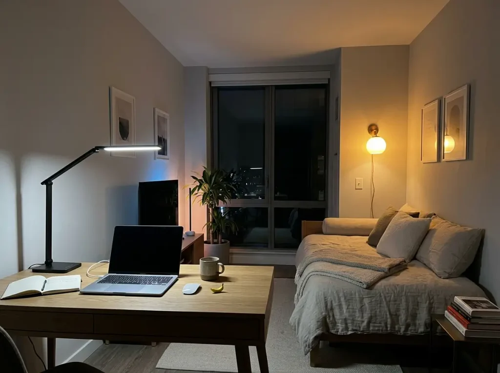 Warm and cool layered lighting setups transforming a small guest room and office.