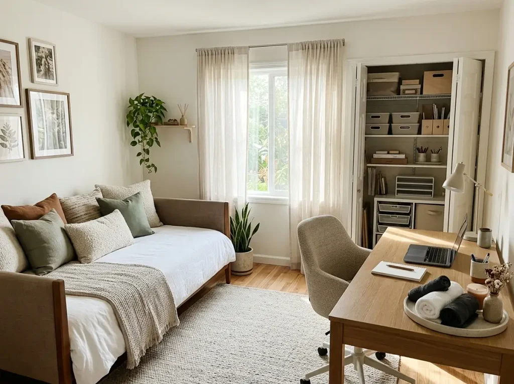 A daybed and organized closet demonstrating diy small craft room ideas in a shared guest space.