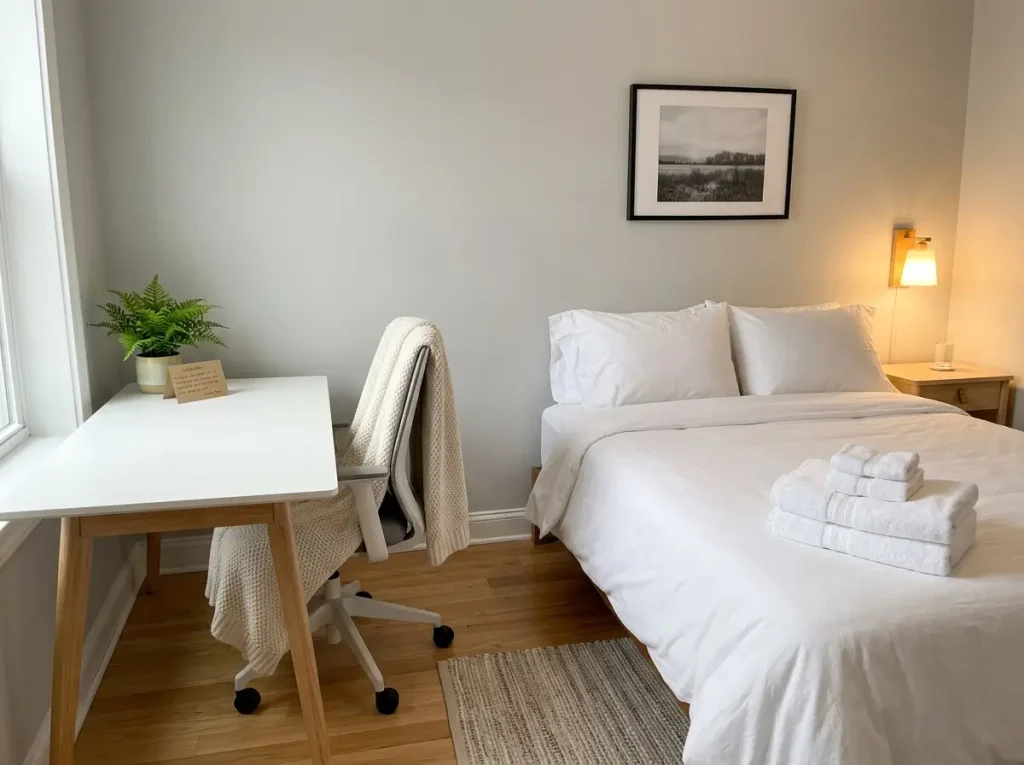 A welcoming small guest room and office featuring a cleared desk and fresh towels laid out on the bed.