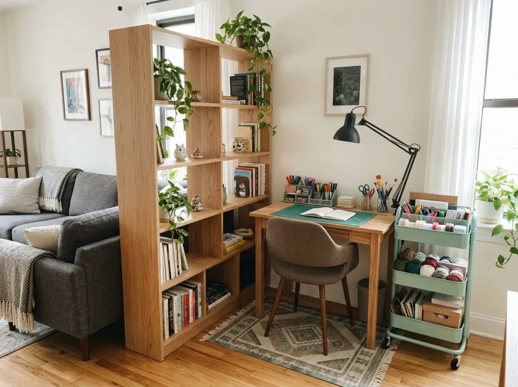 A multipurpose living space showcasing diy small craft room ideas using a freestanding bookshelf divider and a rolling utility cart.