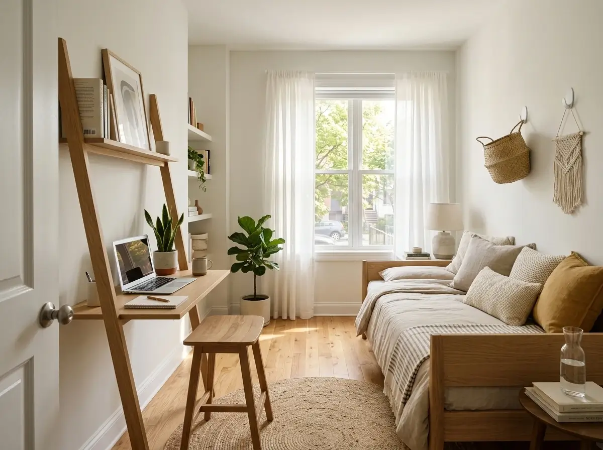 A well-organized small guest room and office featuring a sleek desk and a comfortable daybed.