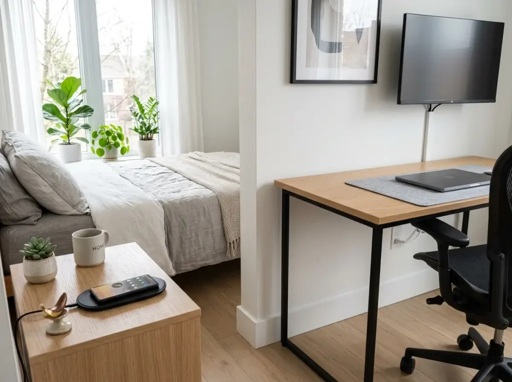 A highly organized small guest room and office featuring a hidden cable management box and a neat bedside charging station.