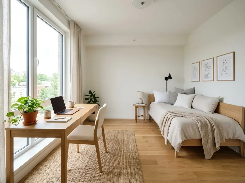 A thoughtfully laid out small guest room and office featuring a desk facing a window and a daybed with plenty of walking clearance.