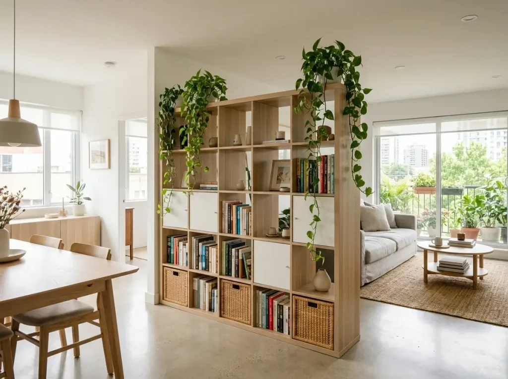 A bright apartment featuring open flex room ideas with freestanding modular shelving and woven storage baskets separating a room.