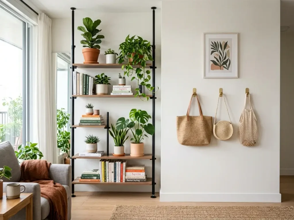 A rental apartment utilizing the best apartment storage solutions, featuring floor-to-ceiling tension shelves and adhesive wall hooks.