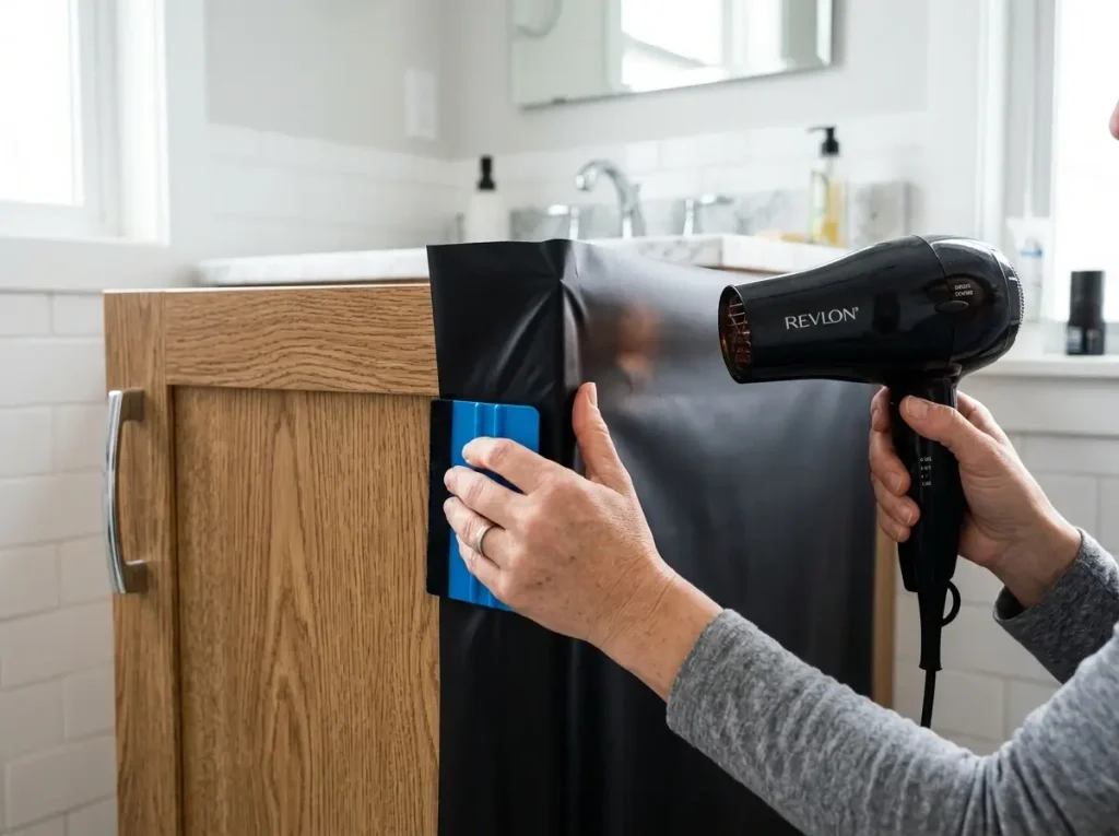 A person using a hairdryer to apply architectural vinyl to a cabinet, completing a makeover after they cover rental bathroom tiles.