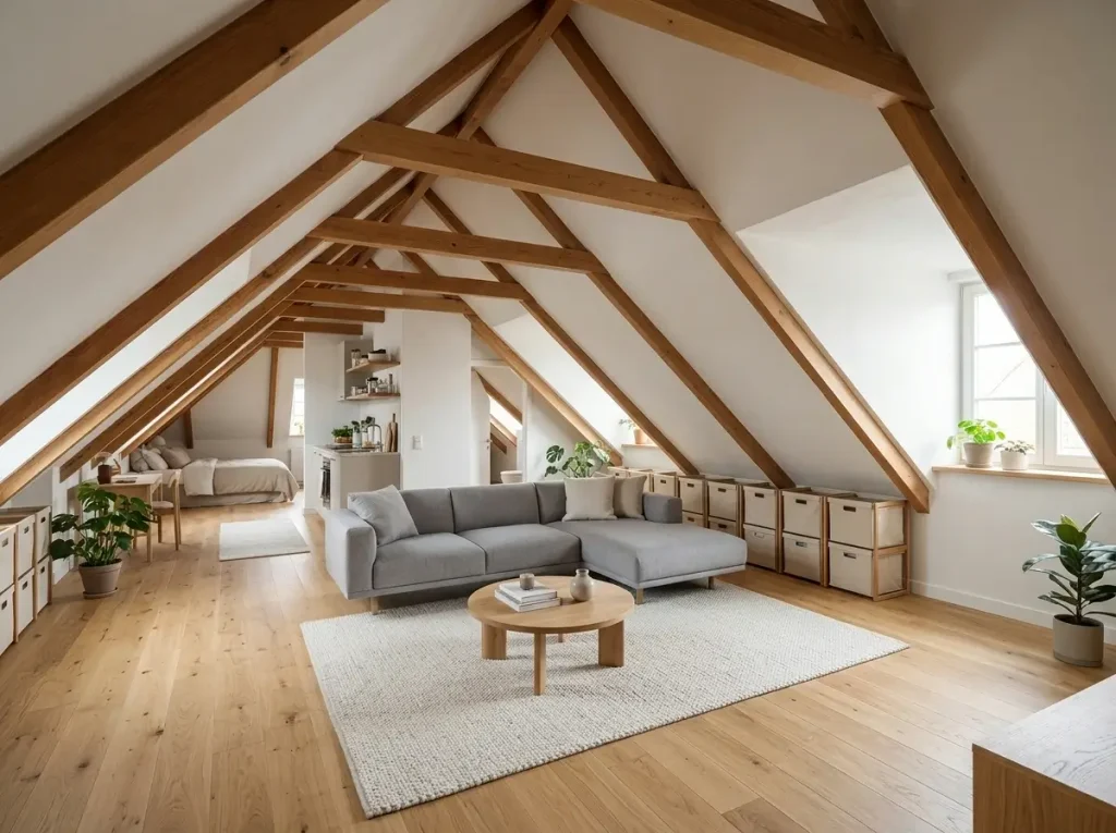A well-organized living area showcasing small attic apartment ideas with floating furniture and clear walking pathways.