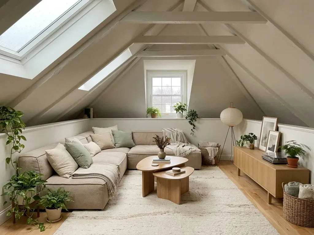 A cozy modular pit sectional and nesting tables showcasing smart small attic apartment ideas for low ceilings.