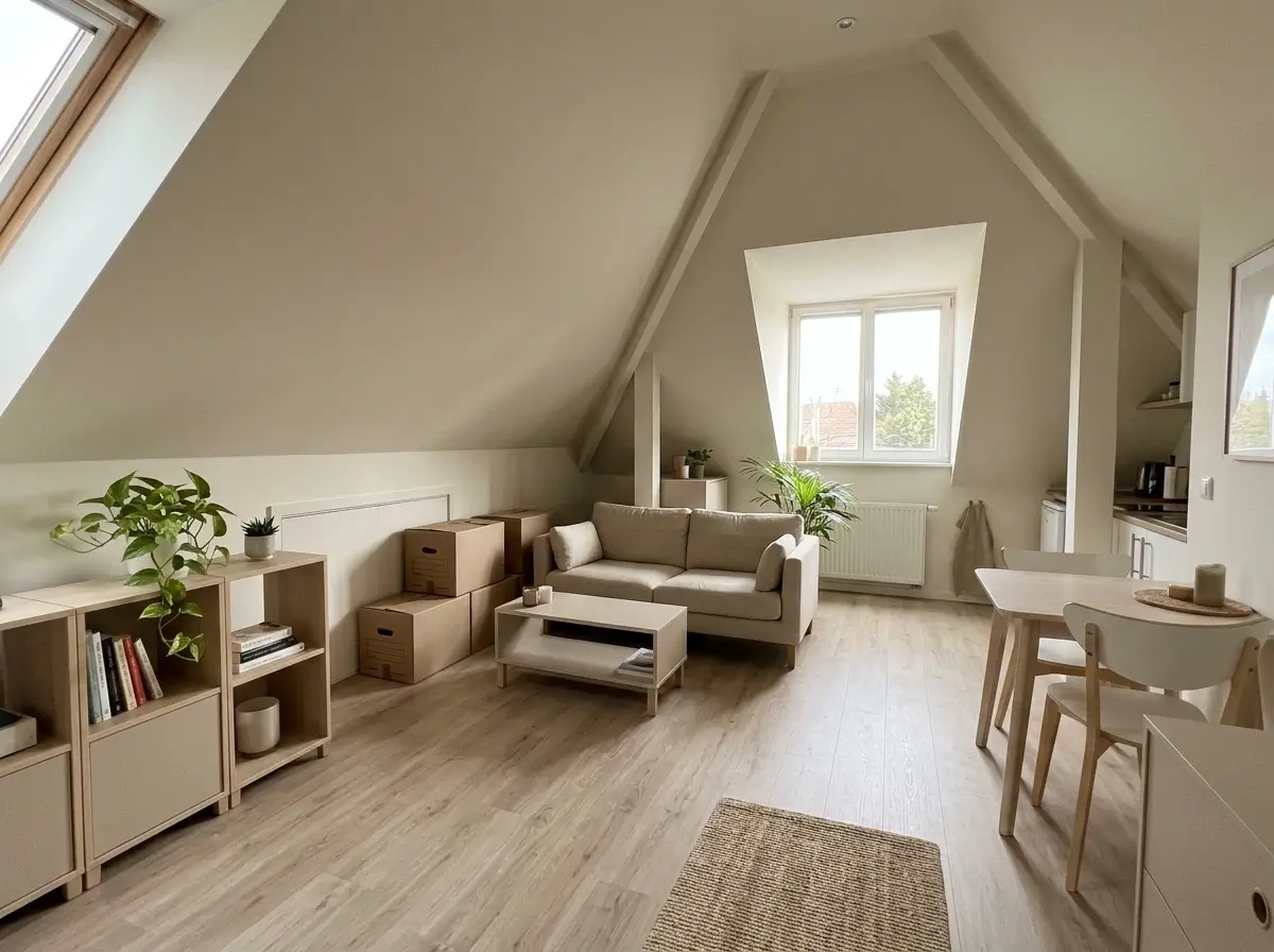 A bright and organized living space showcasing renter friendly small attic apartment ideas with modular furniture.