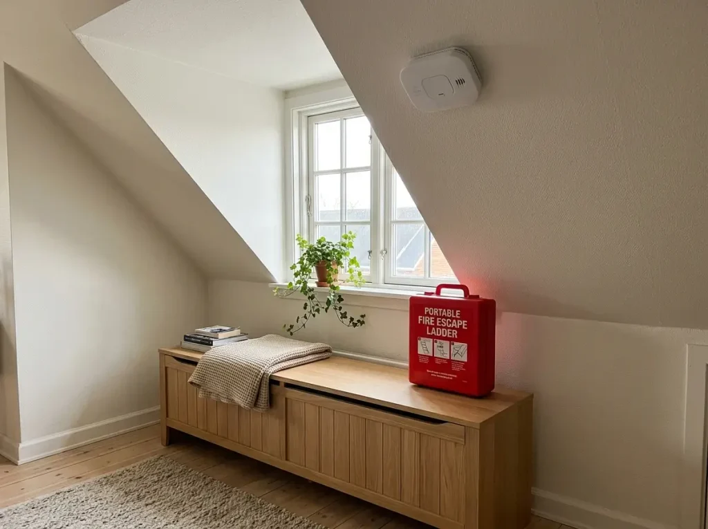 A portable escape ladder by a window showcasing life-saving small attic apartment ideas for renter safety.
