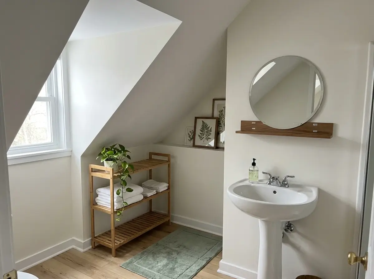 A cozy setup showcasing renter-friendly small attic bathroom ideas featuring freestanding bamboo shelves under a sloped ceiling.