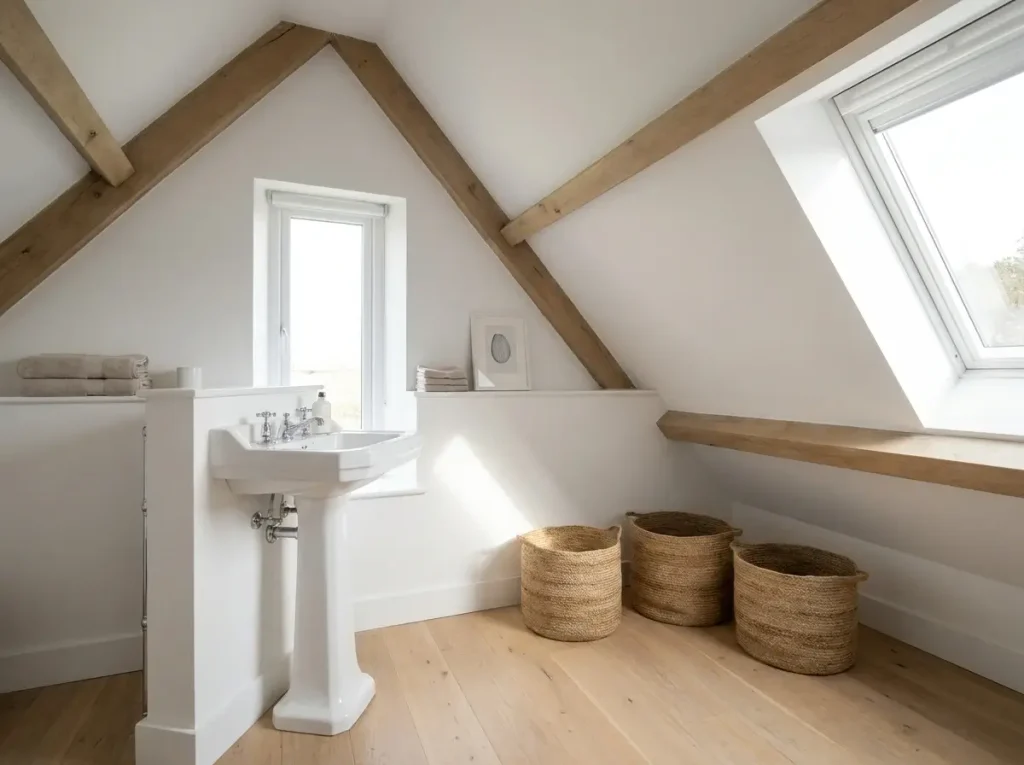 A neatly organized space demonstrating small attic bathroom ideas by placing the sink in the highest clearance area and storage baskets under the low slanted ceiling.