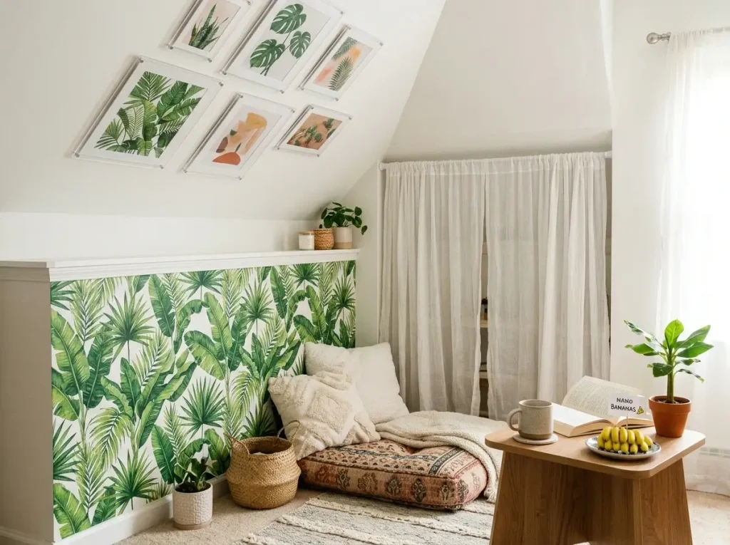 Drill-free wall upgrades showcasing a small attic conversion before and after using peel-and-stick wallpaper and tension rods.