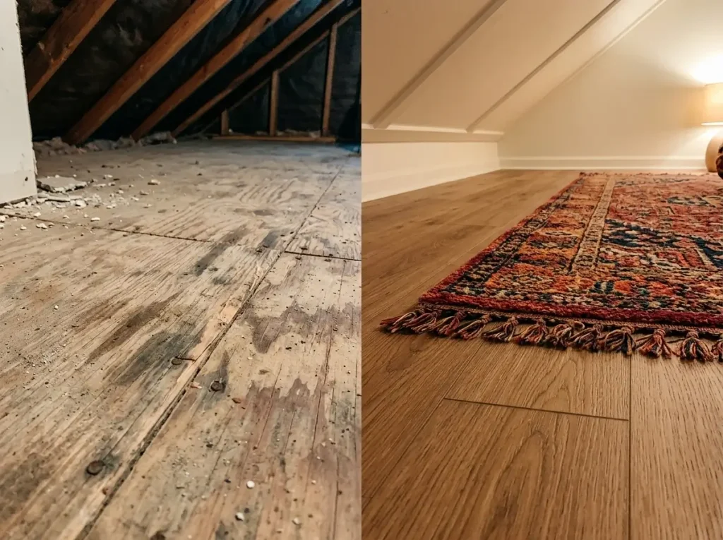 Close up showing a temporary flooring installation during a small attic conversion before and after using interlocking tiles and layered rugs.